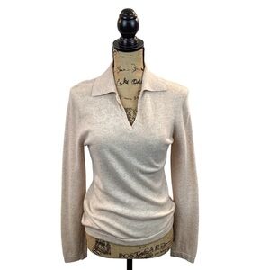 Lusso Cashmere Pullover V Neck Collared Sweater Tan